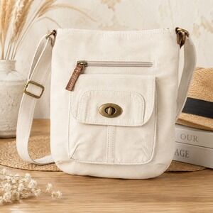 Boho Canvas Crossbody Bag‎ Oatmeal Brass Leather Trim Utility Messenger Purse